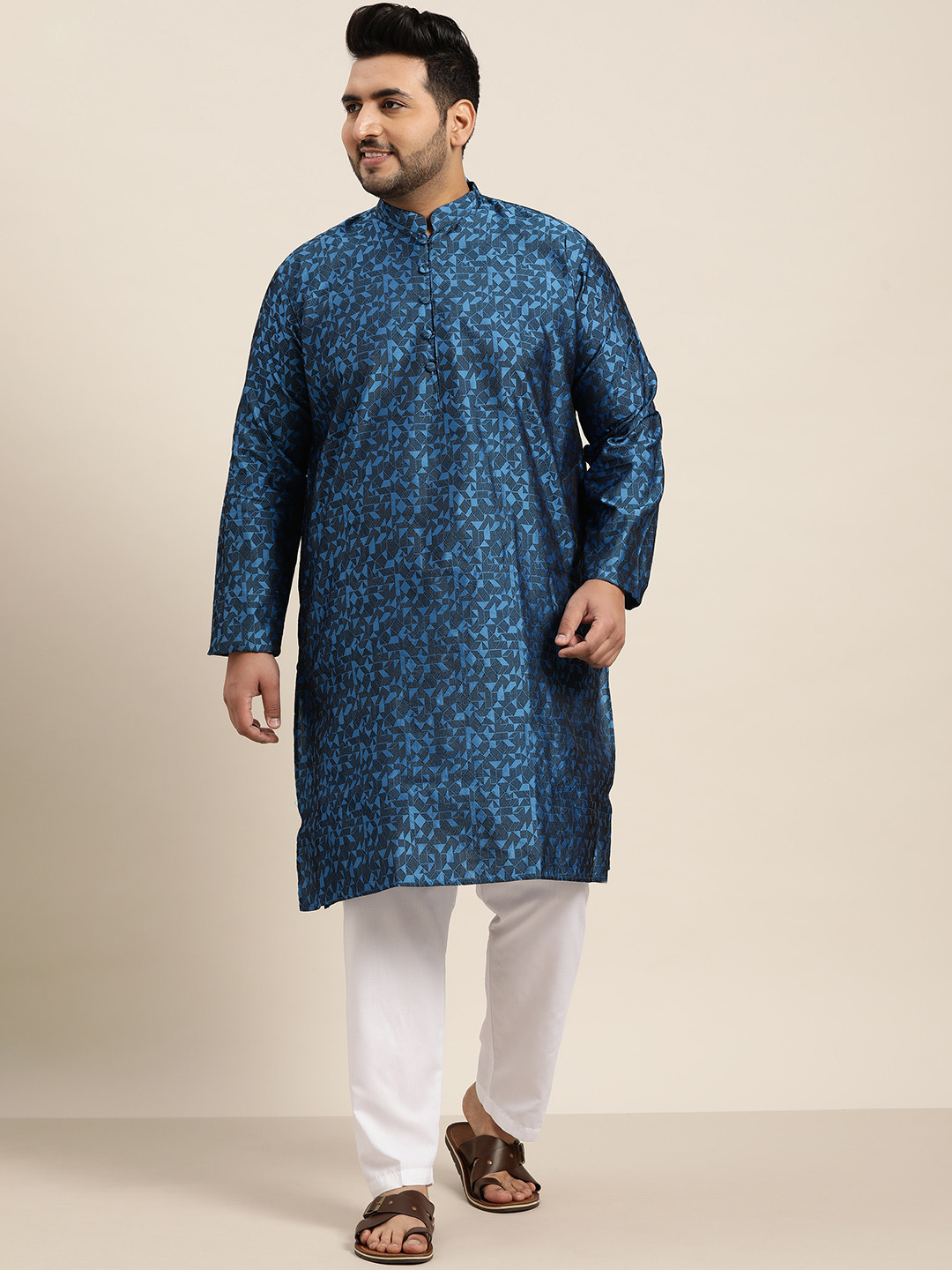 SOJANYA PLUS Men Blue & White Printed Kurta with Pyjama