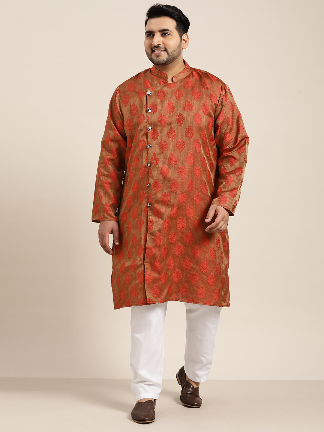 SOJANYA PLUS Men Rust Red & White Ethnic Motifs Angrakha Kurta with Pyjamas