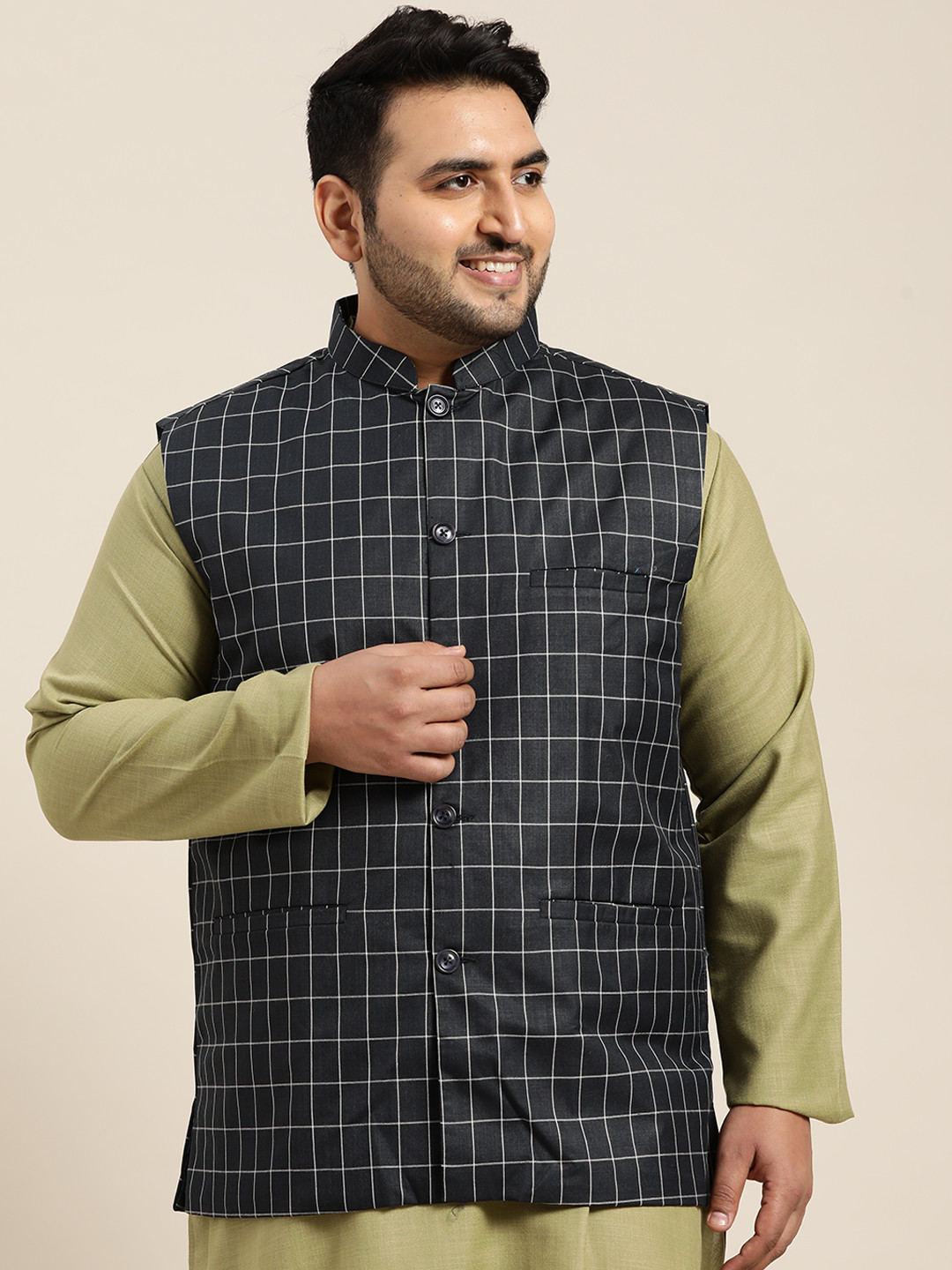 SOJANYA PLUS Size Men Navy Blue & Off-White Checked Nehru Jacket