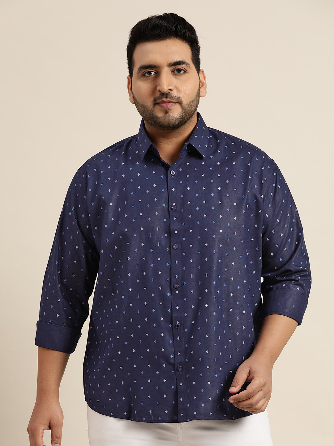 SOJANYA PLUS Men Plus Size Navy Blue & Off-White Classic Fit Printed Casual Shirt