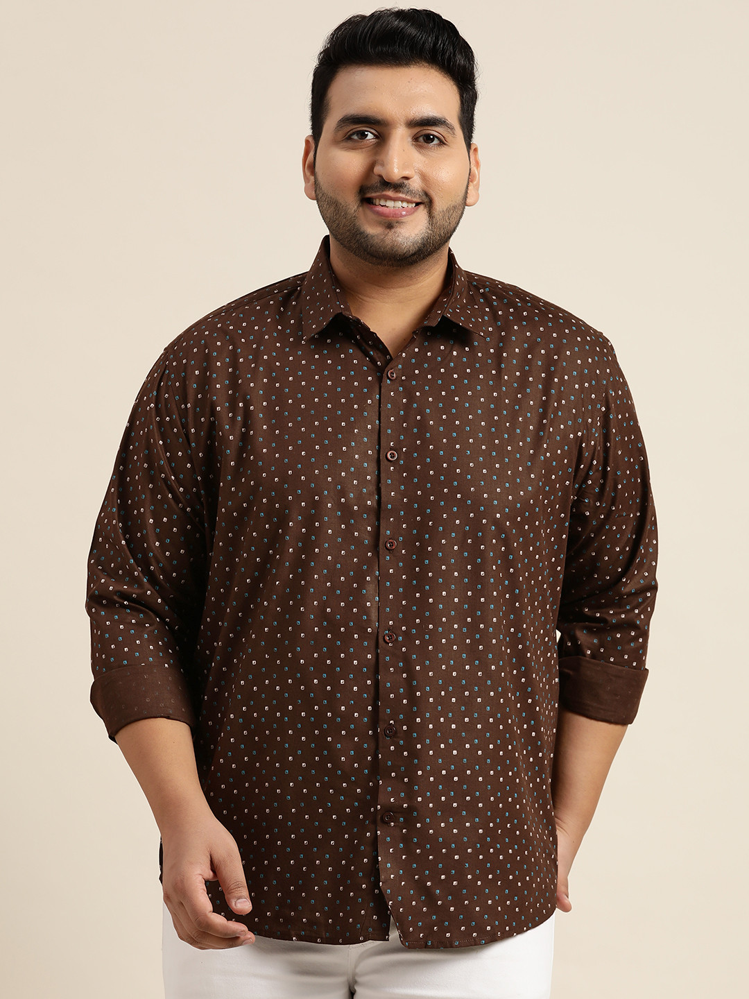 SOJANYA PLUS Men Brown & White Pure Cotton Classic Printed Casual Shirt