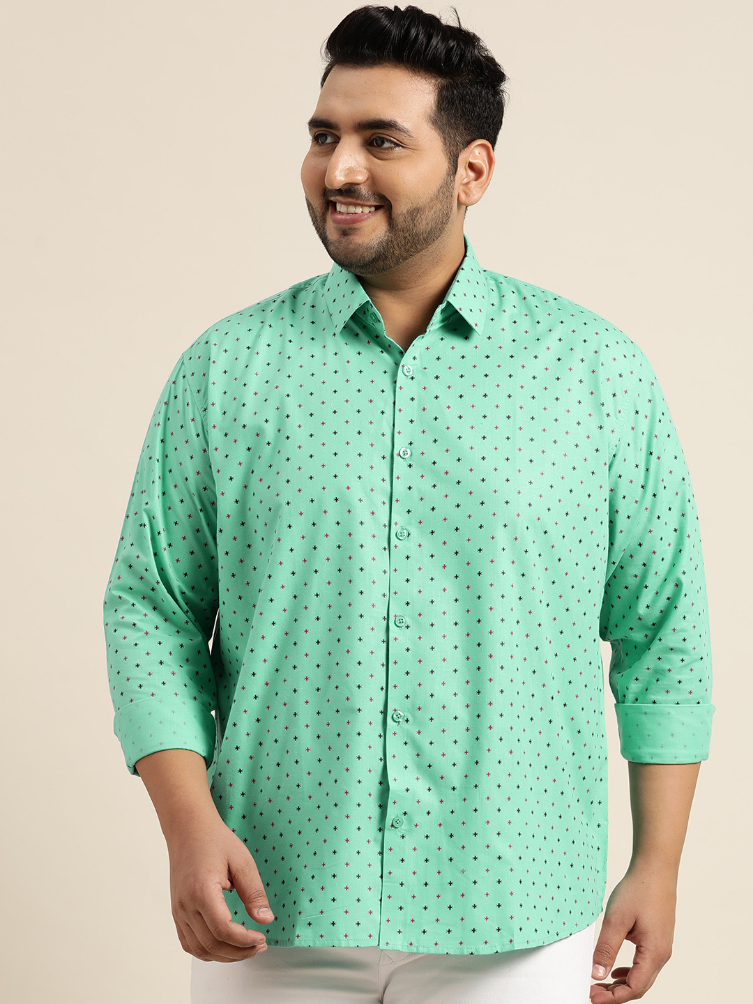 SOJANYA PLUS Men Sea Green & Black Pure Cotton Classic Printed Casual Shirt