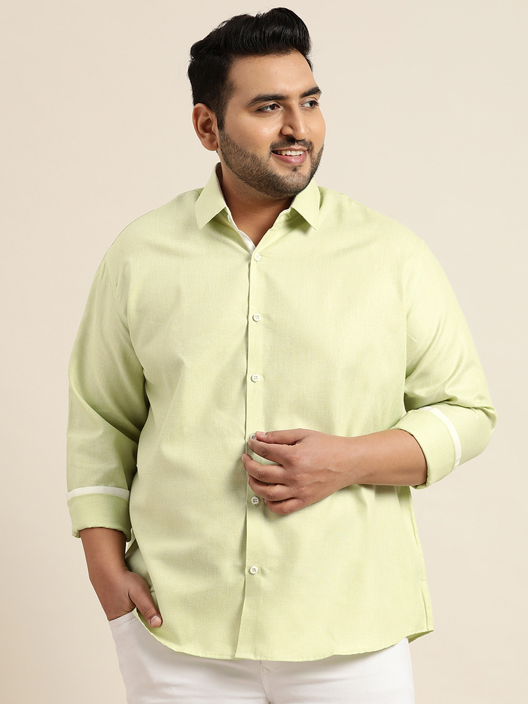 SOJANYA PLUS Size Men Lime Green Classic Fit Cotton Linen Casual Shirt