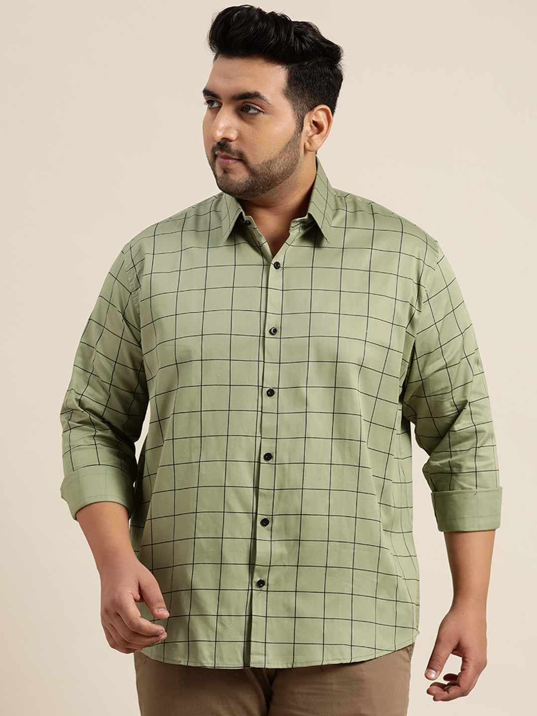 SOJANYA PLUS Men Green & Black Classic Regular Fit Windowpane Checks Casual Shirt