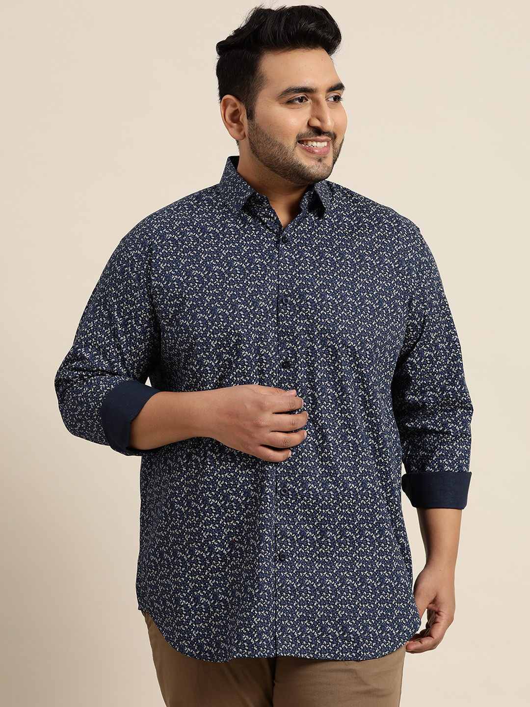 SOJANYA PLUS Size Men Navy Blue & White Printed Pure Cotton Classic Casual Shirt