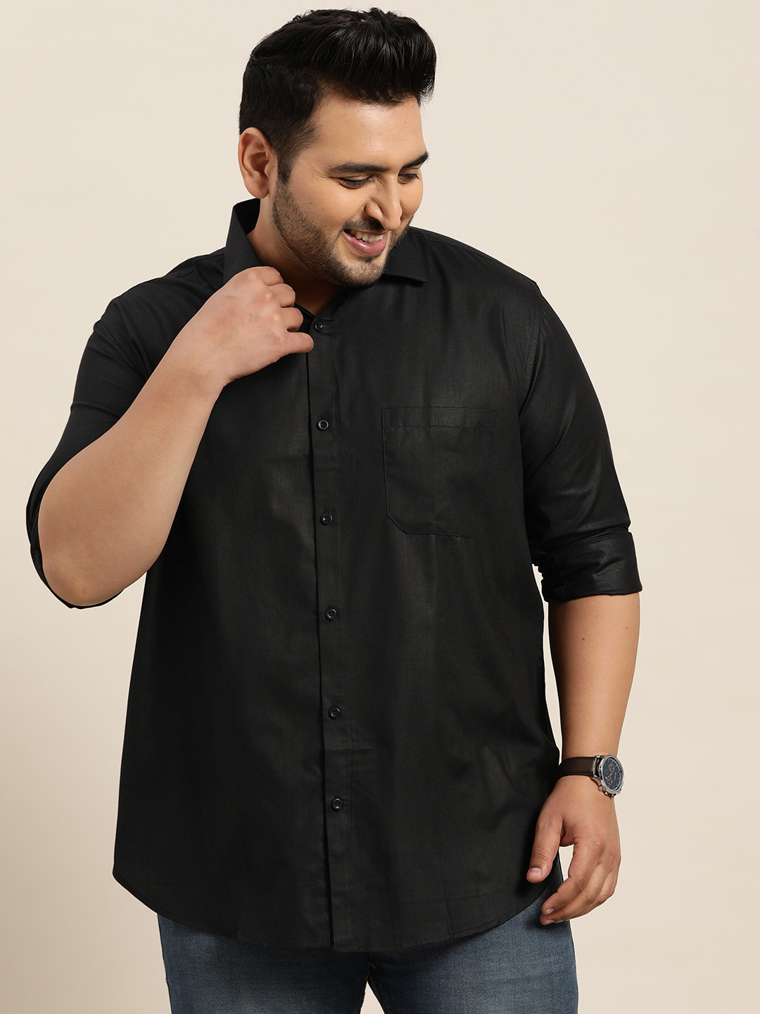 SOJANYA PLUS Men Black Pure Cotton Solid Classic Casual Shirt