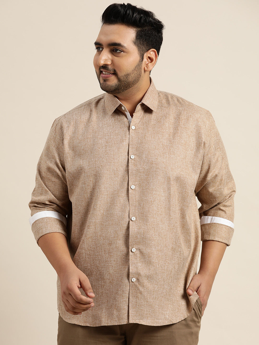 SOJANYA PLUS Men Plus Size Beige Self-Design Classic Fit Casual Shirt