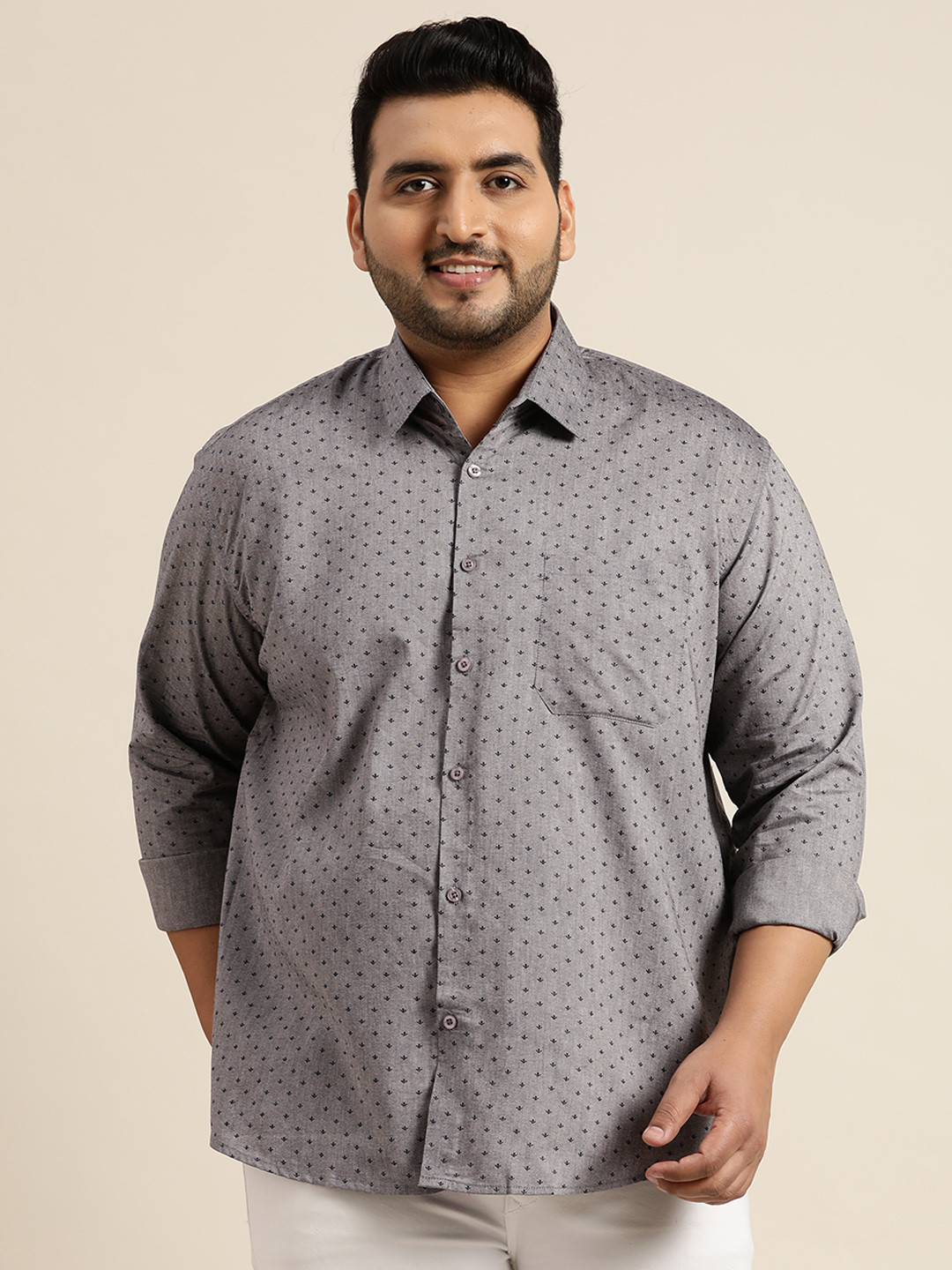 SOJANYA PLUS Size Men Grey & Navy Blue Classic Fit Printed Pure Cotton Casual Shirt