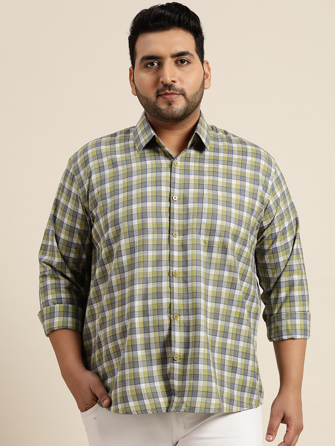 SOJANYA PLUS Size Men Green & Blue Classic Fit Checked Pure Cotton Casual Shirt
