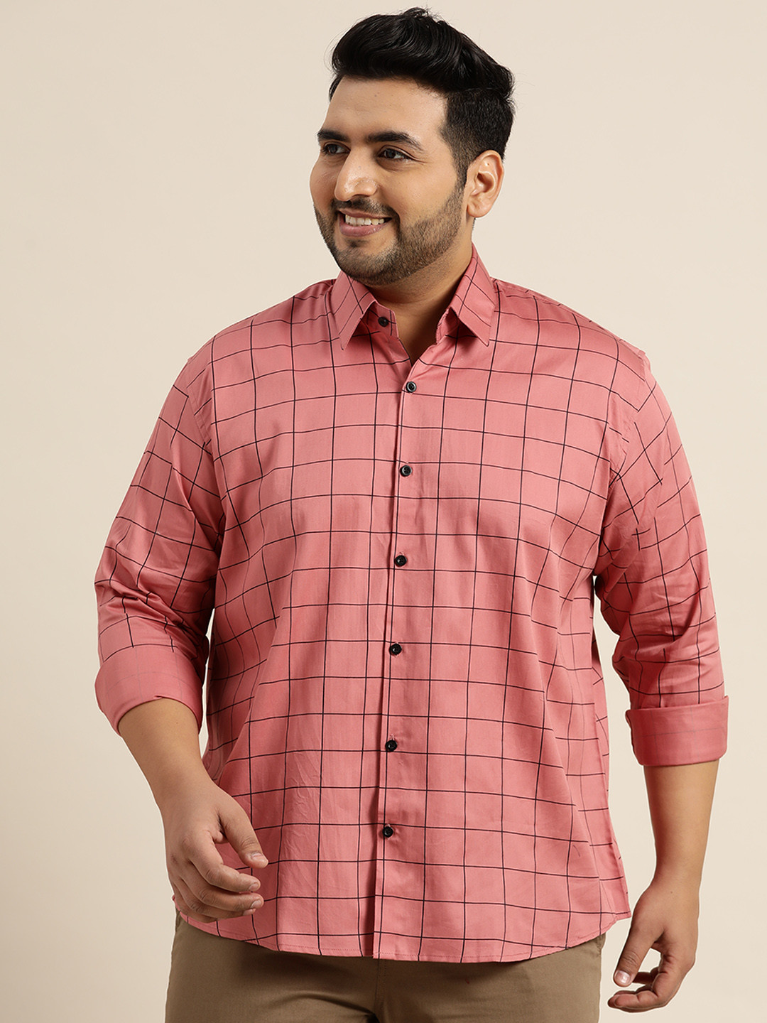 SOJANYA PLUS Size Men Pink & Black Windowpane Checks Pure Cotton Classic Casual Shirt