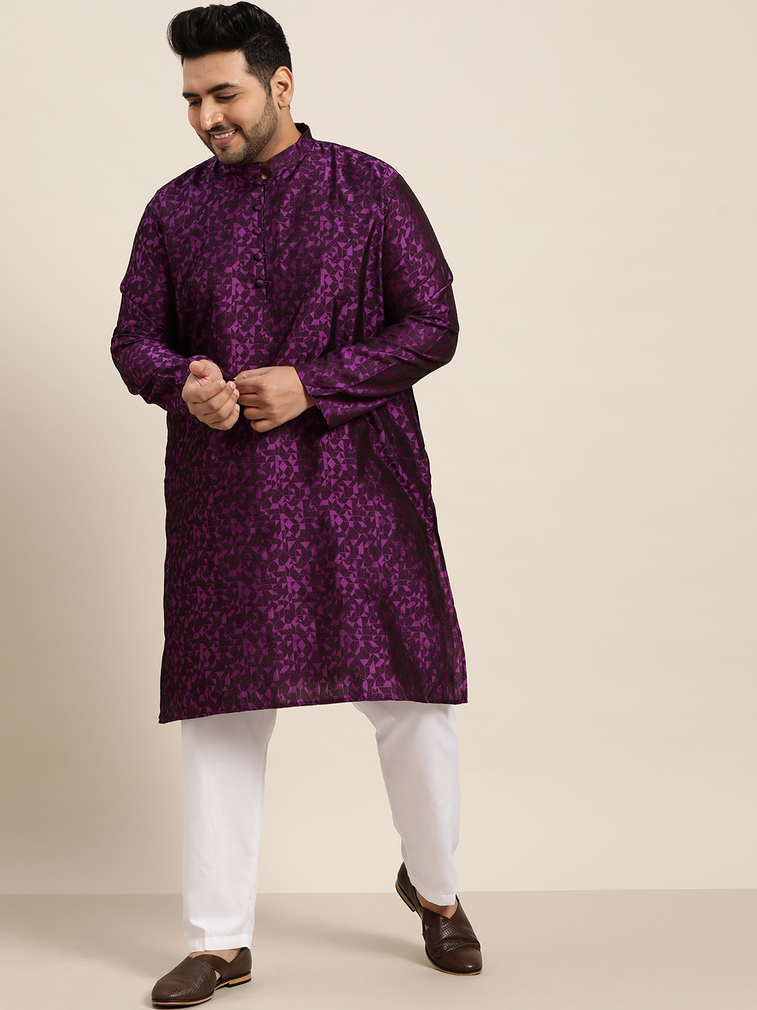 SOJANYA PLUS Men Purple & White Printed Kurta with Salwar
