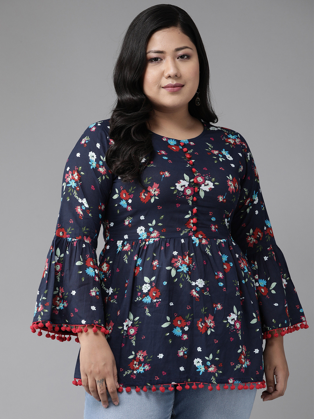 YASH GALLERY Plus Size Navy Blue & Red Floral Print Bell Sleeves A-Line Top