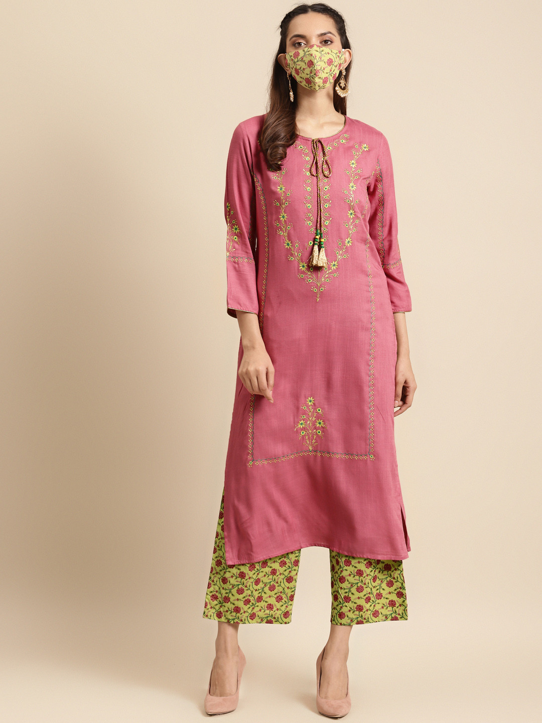 RANGMAYEE Women Pink & Green Embroidered Kurta with Palazzos & Matching Mask