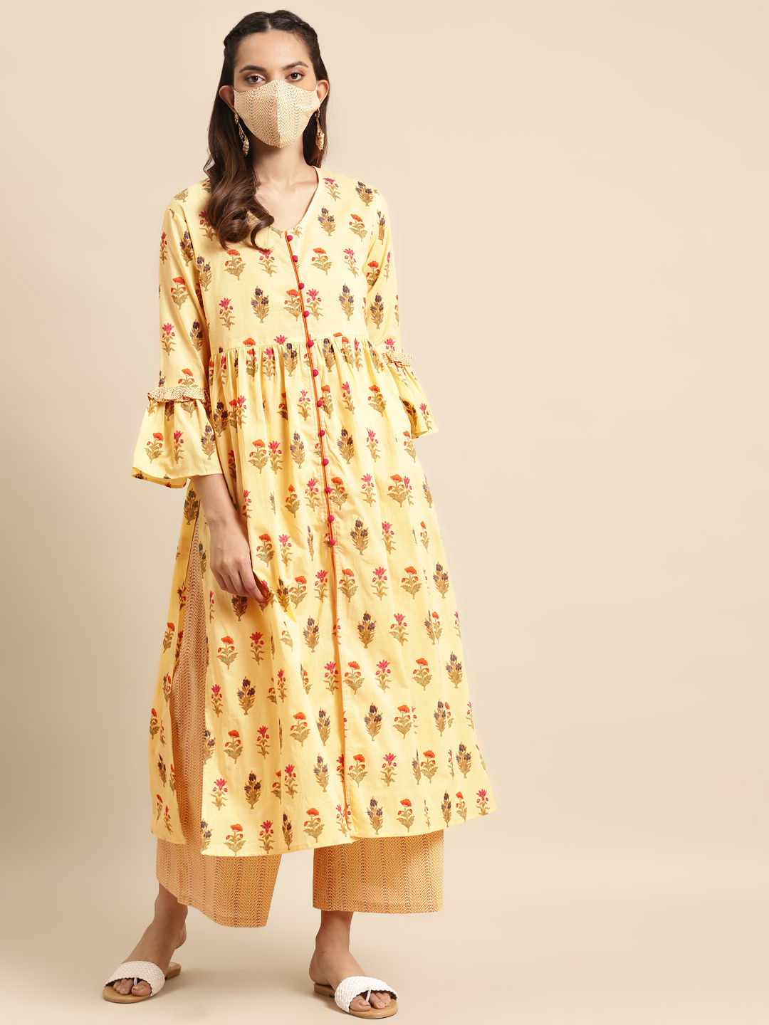 RANGMAYEE Women Yellow & Pink Printed Pure Cotton Kurta with Palazzos & Matching Mask