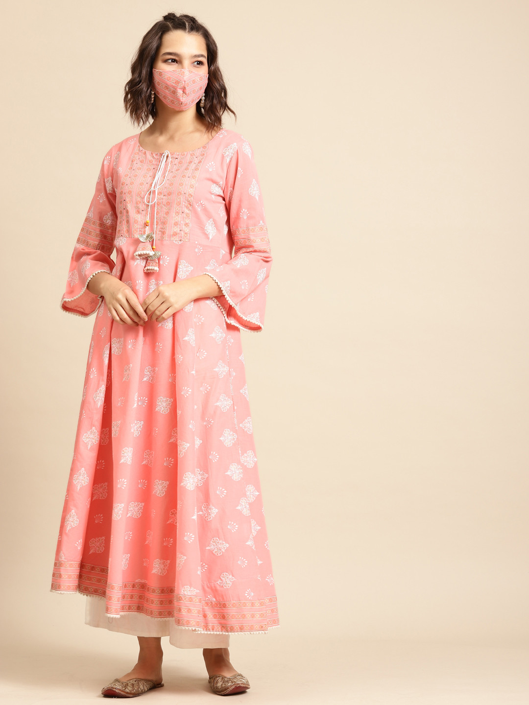 RANGMAYEE Women Pink & White Ethnic Motifs Printed Bell Sleeves Sequins Pastels Kurta