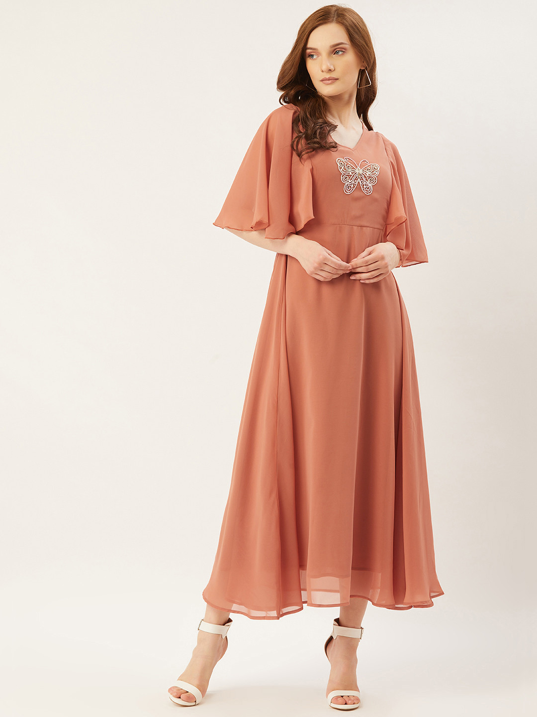Slenor Women Peach-Coloured Embellished Maxi Dress With Flared Sleeves