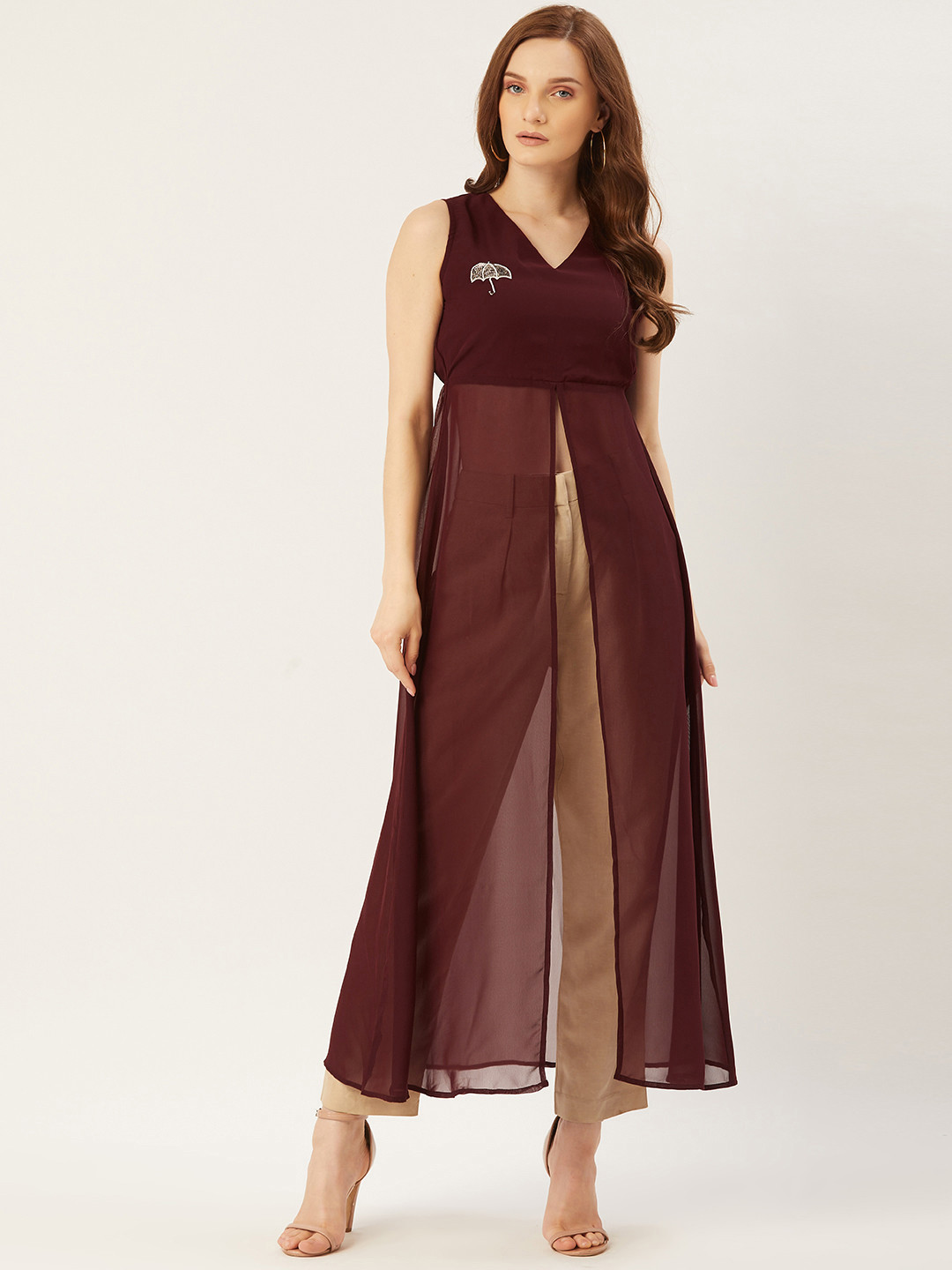 Slenor Burgundy Solid High-Slit Semi Sheer A-Line Longline Top With Embellished Detail