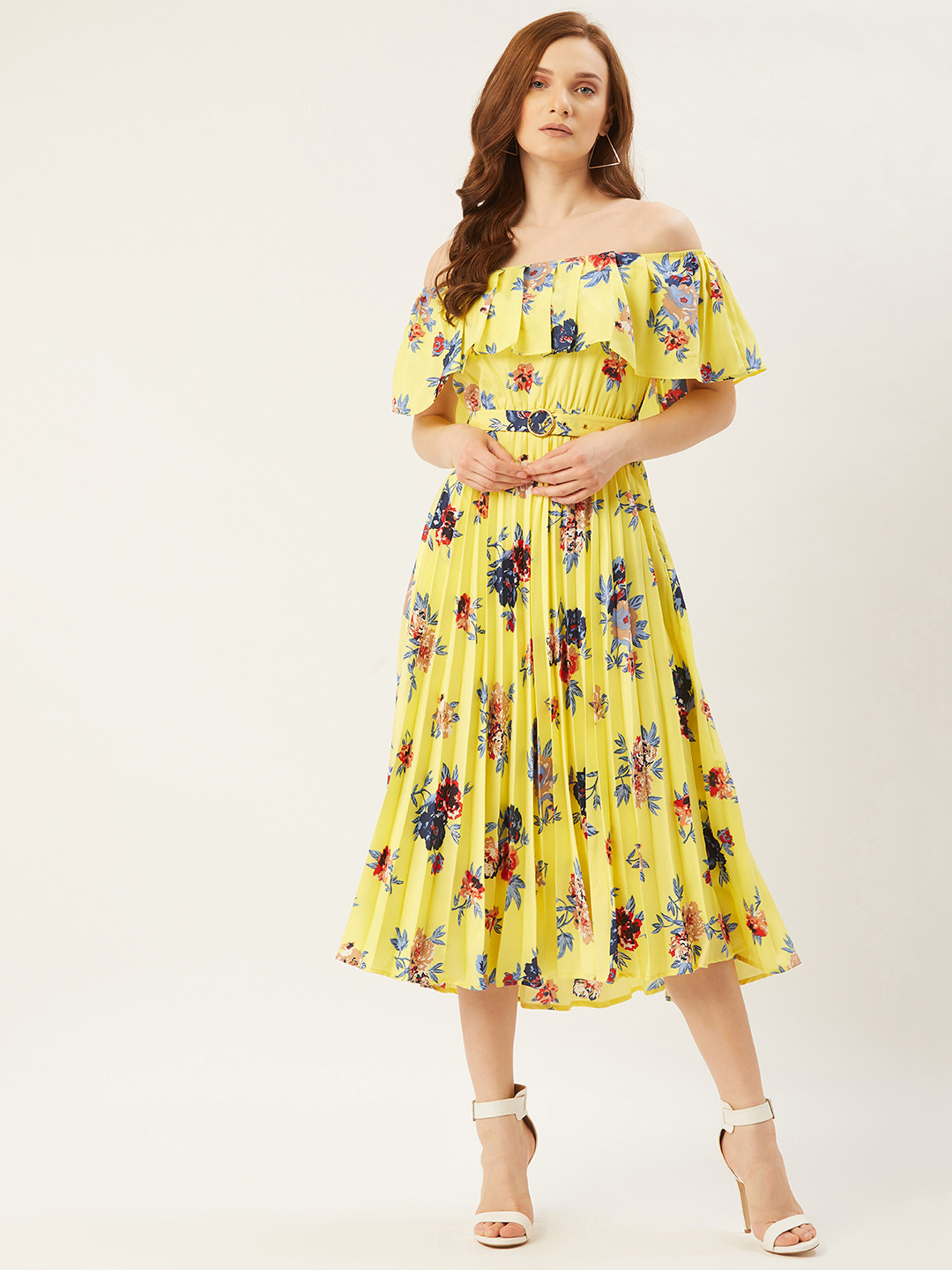 Slenor Women Yellow & Blue Printed A-Line Off Shoulder Accordion Pleated Dress