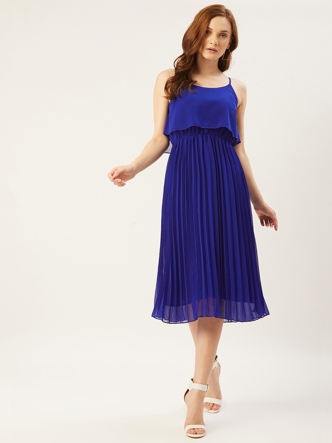 Slenor Women Blue Solid A-Line Accordion Pleated Party Dress