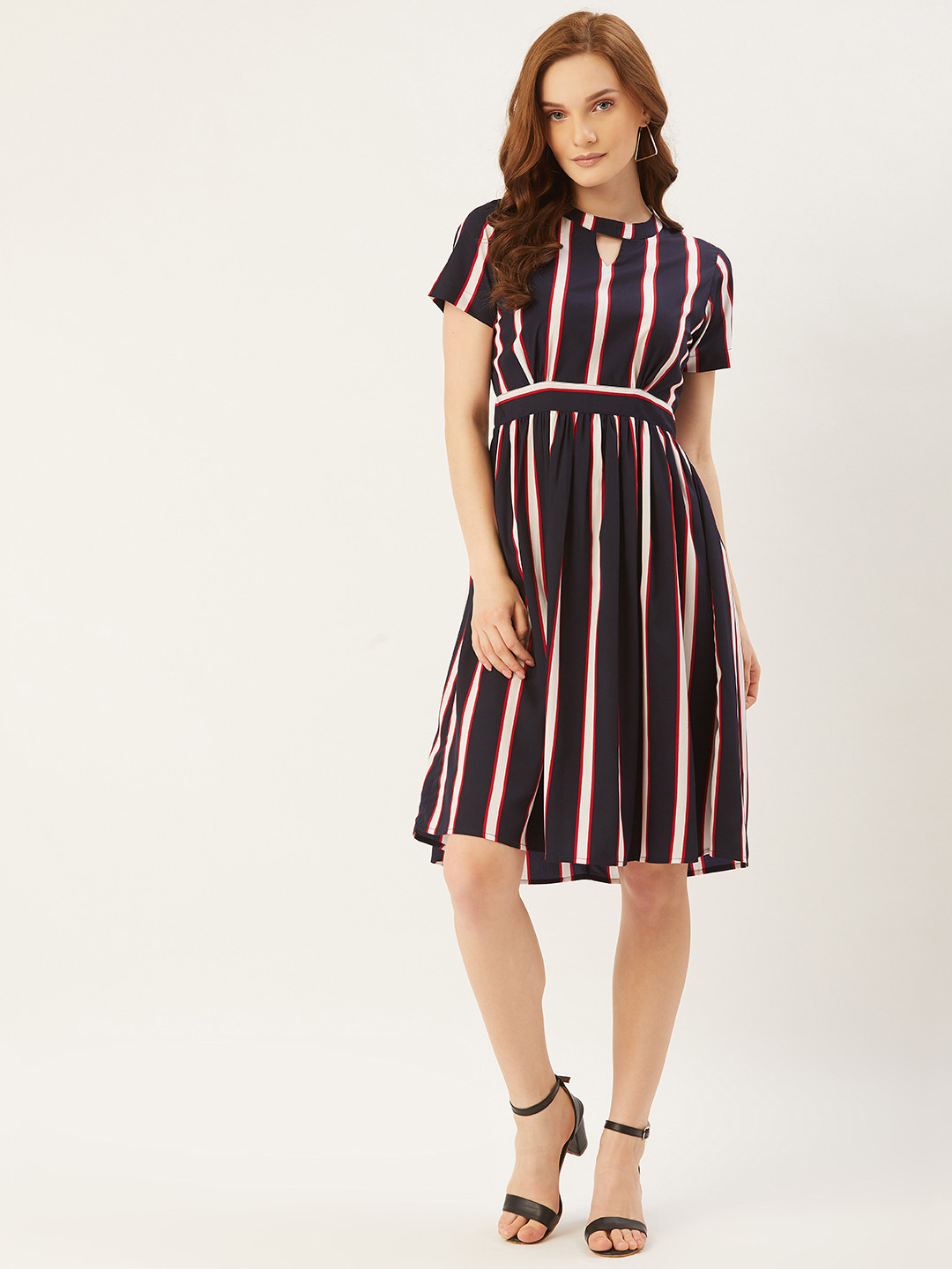 Slenor Women Navy Blue & White Striped A-Line Dress