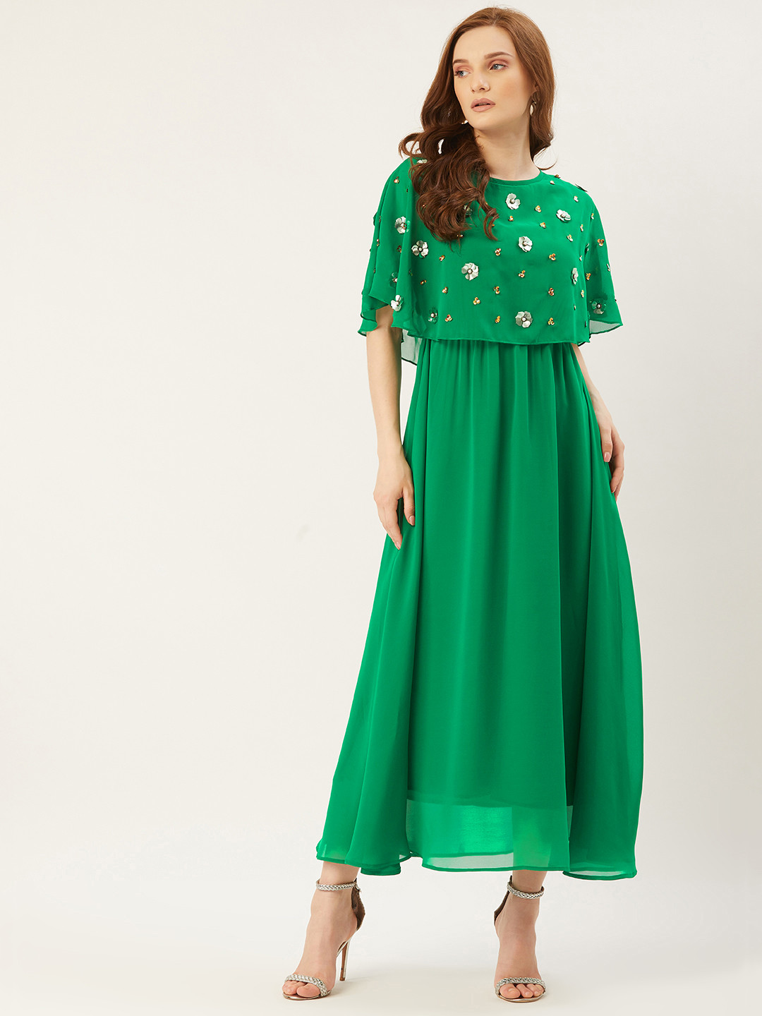 Slenor Women Green Solid Layered Maxi Dress with Embellished Detail