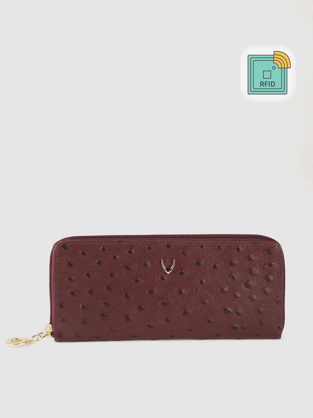 Hidesign Women Burgundy Ostrich Embossed Leather Zip Around Wallet with RFID