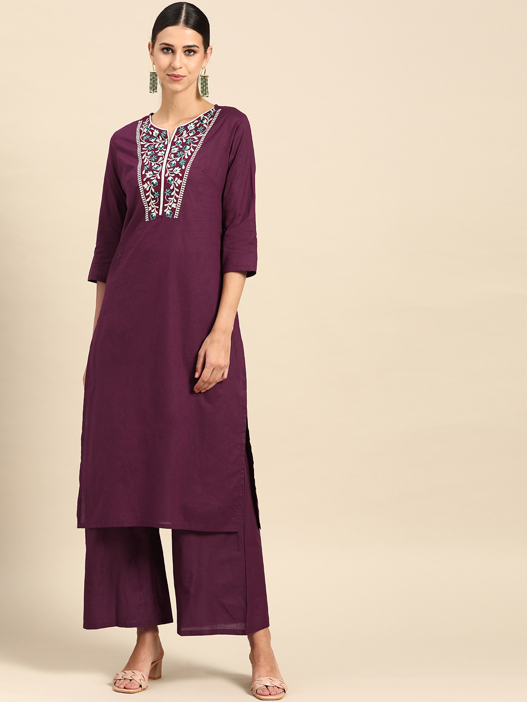 Anouk Women Purple Ethnic Motifs Yoke Design Regular Thread Work  Cotton Kurta with Palazzos