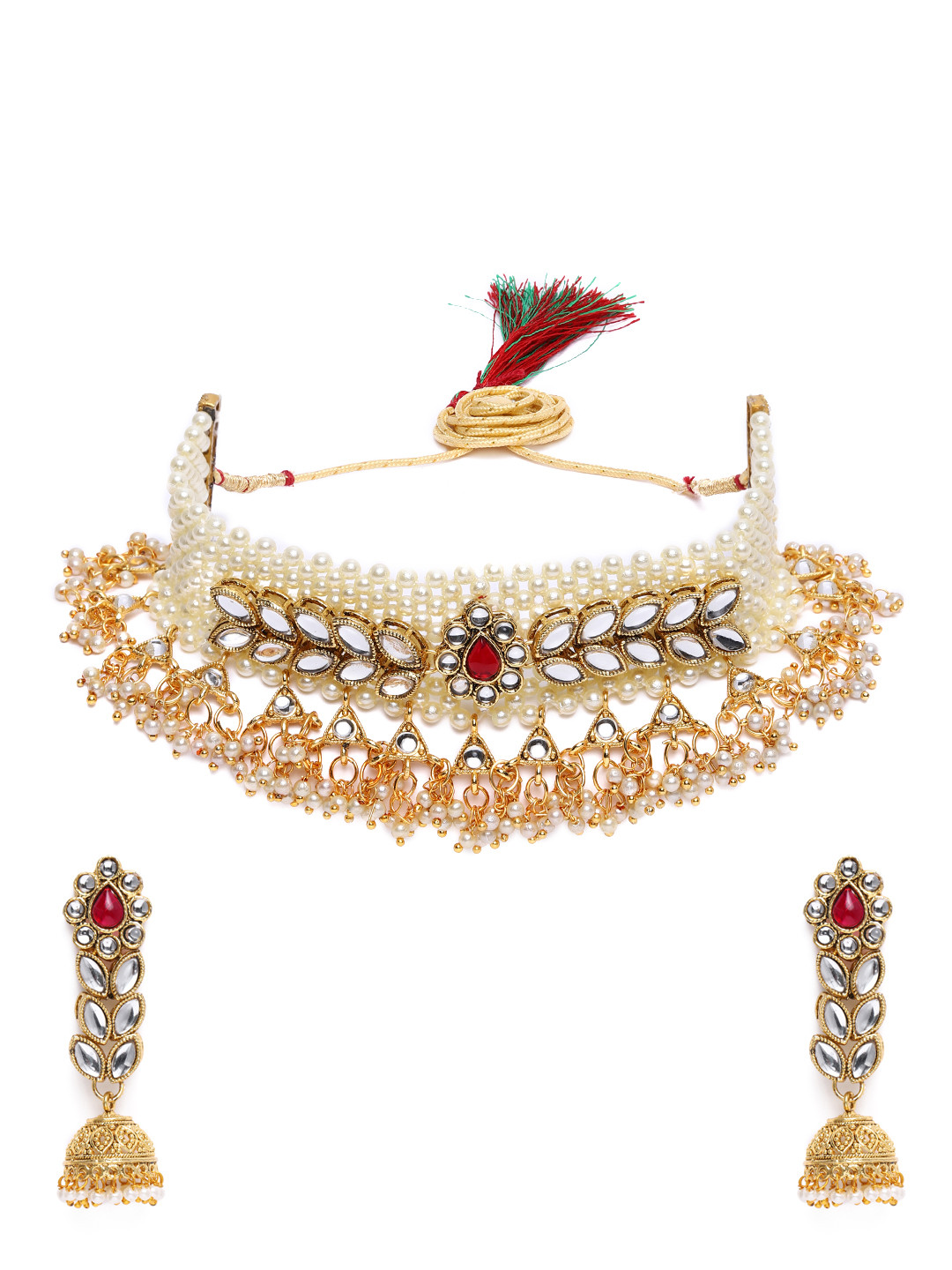Zaveri Pearls Off-White Gold-Plated Kundan Traditional Faux Pearl Patta Jewellery Set