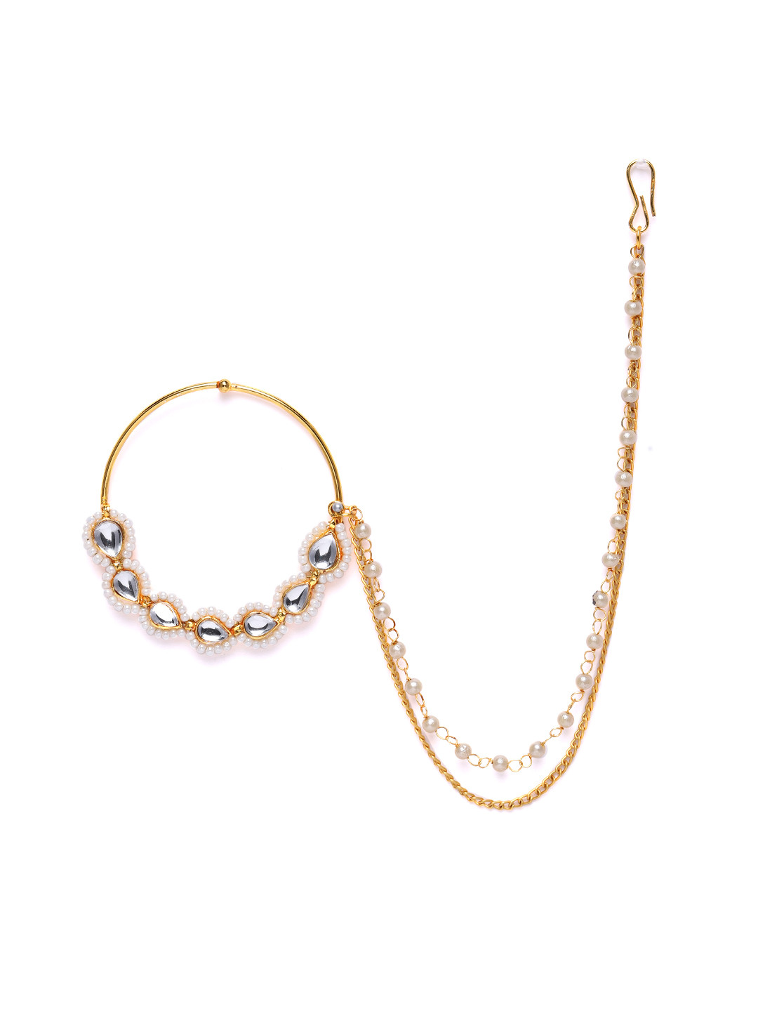 Zaveri Pearls Gold-Plated Kundan & Pearls Chain Linked Nose Ring