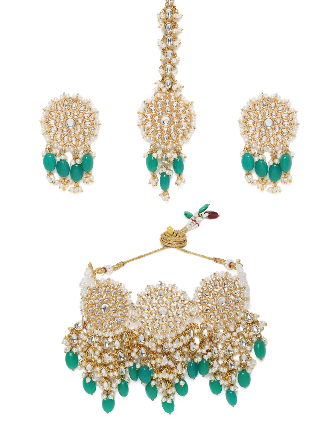 Zaveri Pearls Gold-Plated Teal Green & White Bridal Kundan Jewellery Set