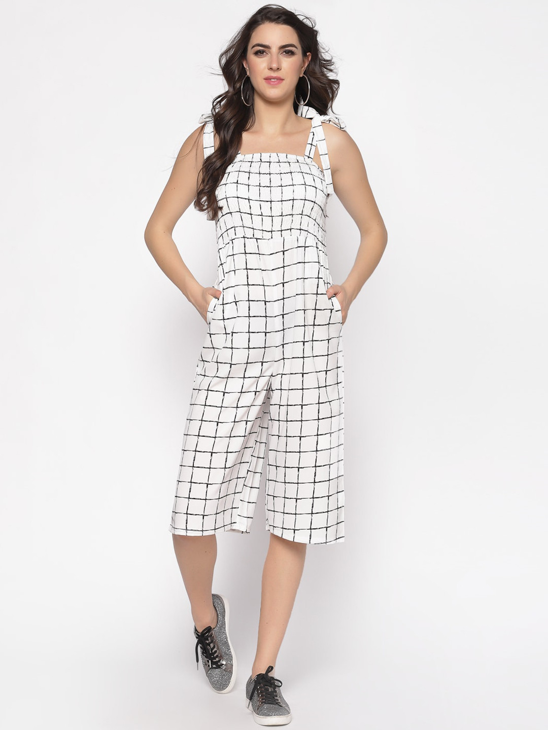 Sera Women White & Black Checked Capri Jumpsuit