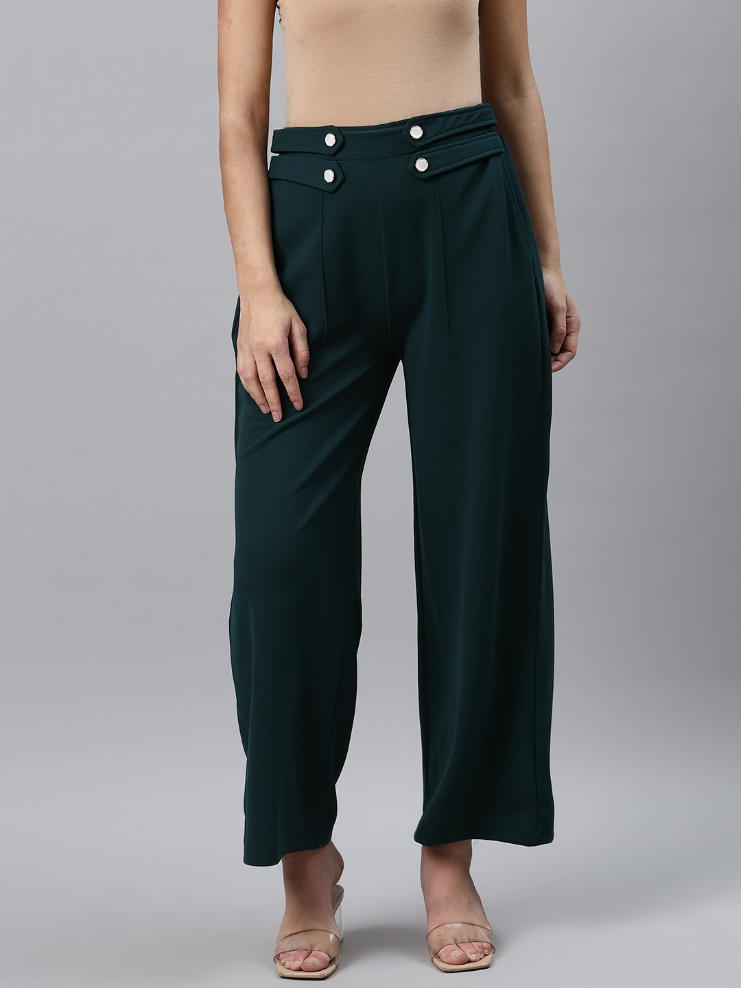 plusS WORX Women Teal Green Straight Fit Solid Parallel Trousers