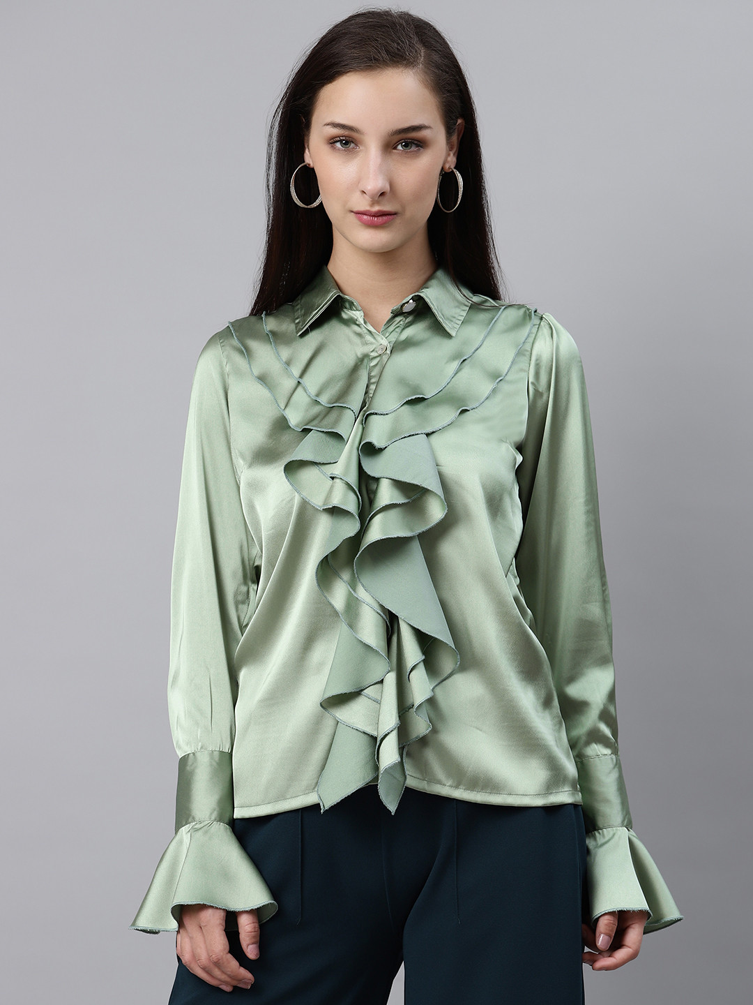 plusS Women Green Ruffle Detail Partywear Shirt