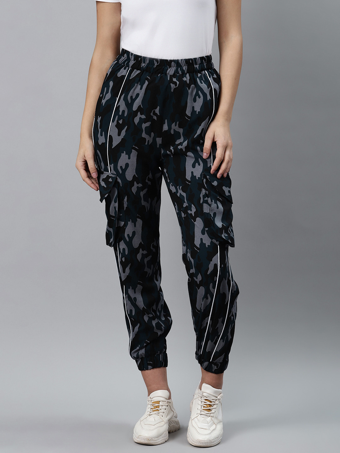 plusS Women Cool Teal Blue and Grey Camouflage Printed Cargo Joggers