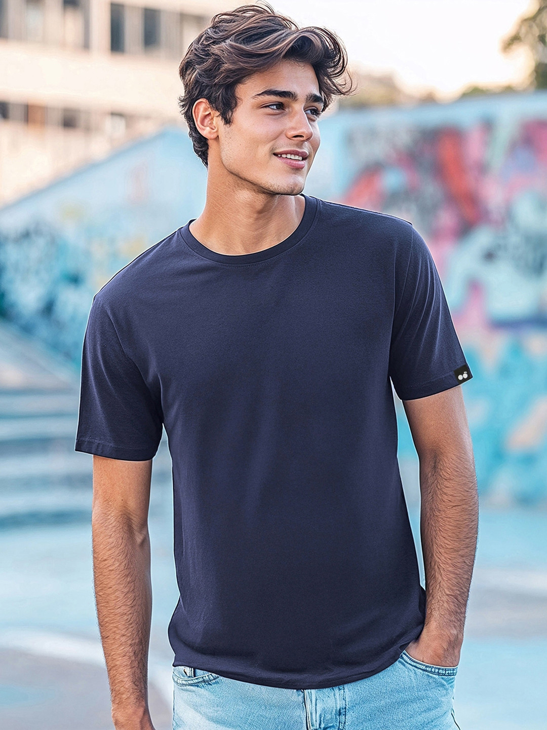 Bewakoof Men Navy Blue Solid Round Neck Pure Cotton T-shirt