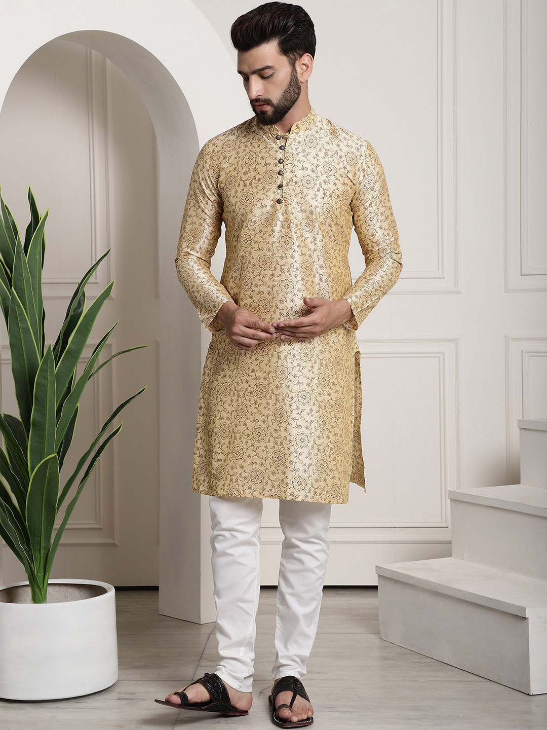 SOJANYA Men Beige & Golden Ethnic Motifs Print Straight Kurta with Pyjamas