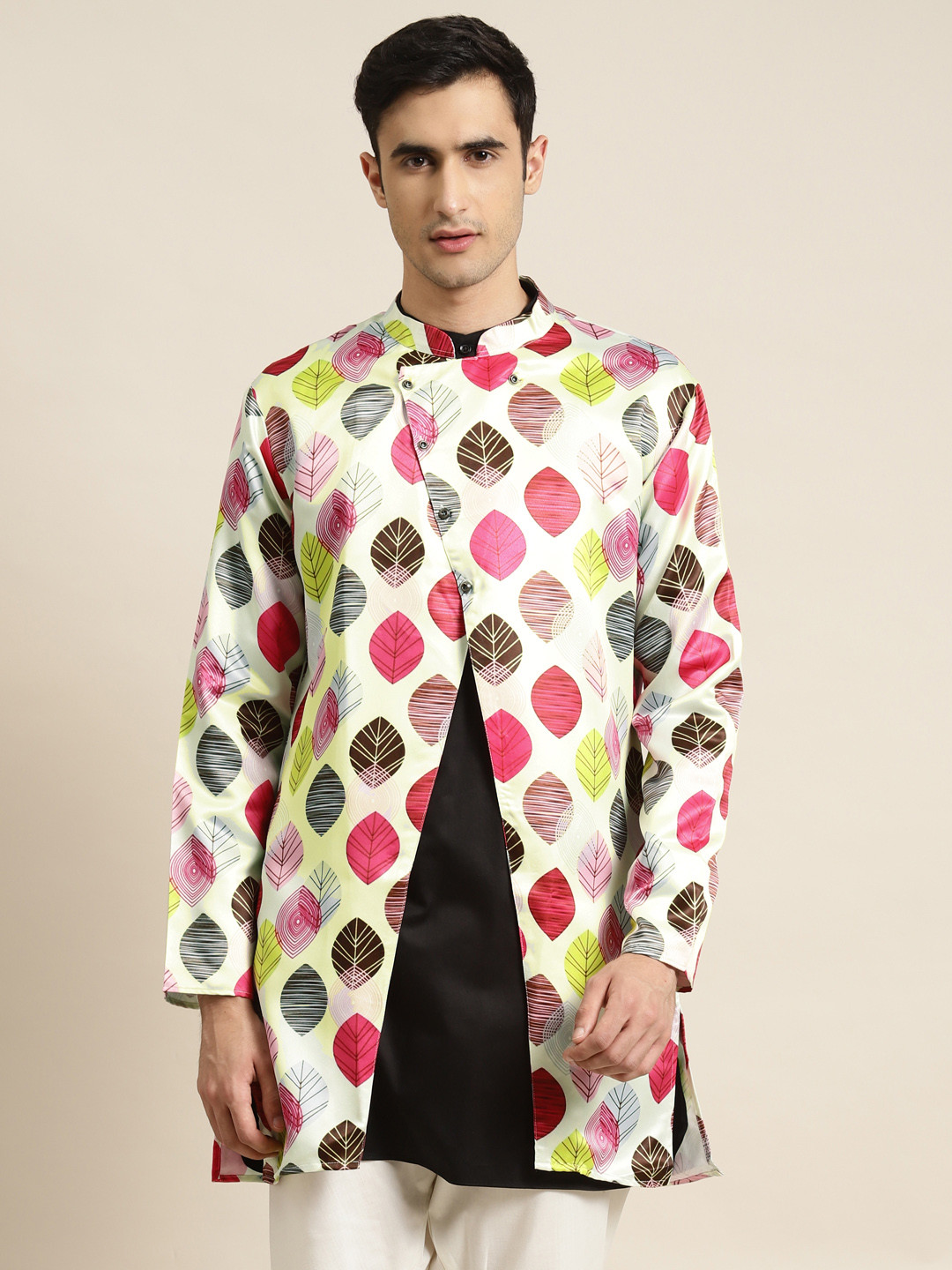 SOJANYA Men Mint Green & Magenta Leaf Print Longline Tailored Jacket with Front Slit