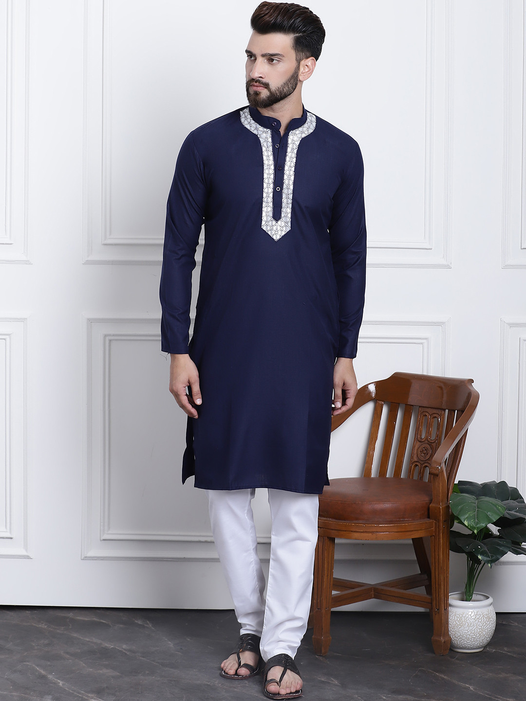 SOJANYA Men Navy Blue & Silver Yoke Design Straight Cotton Kurta with Pyjamas