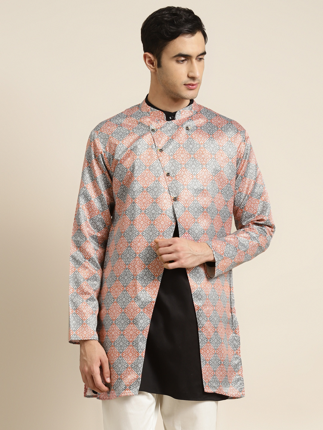SOJANYA Men Rust Orange & White Ethnic Motifs Print Tailored Longline Jacket