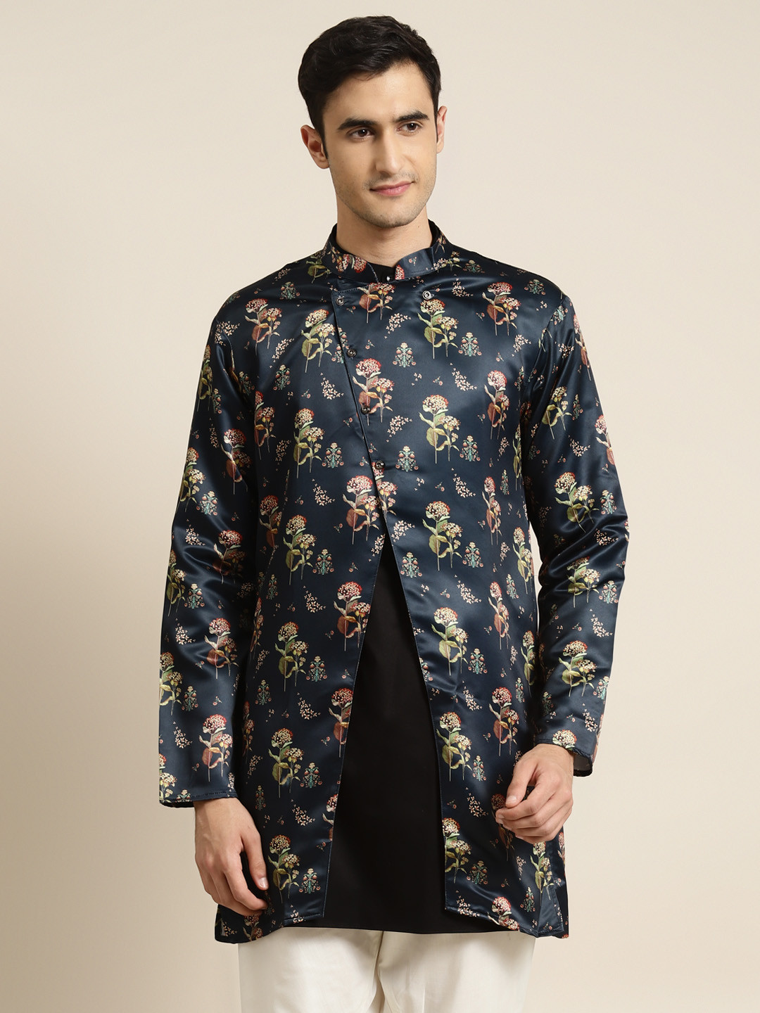SOJANYA Men Navy Blue & Green Printed Asymmetric Closure Longline Ethnic Tailored Jacket