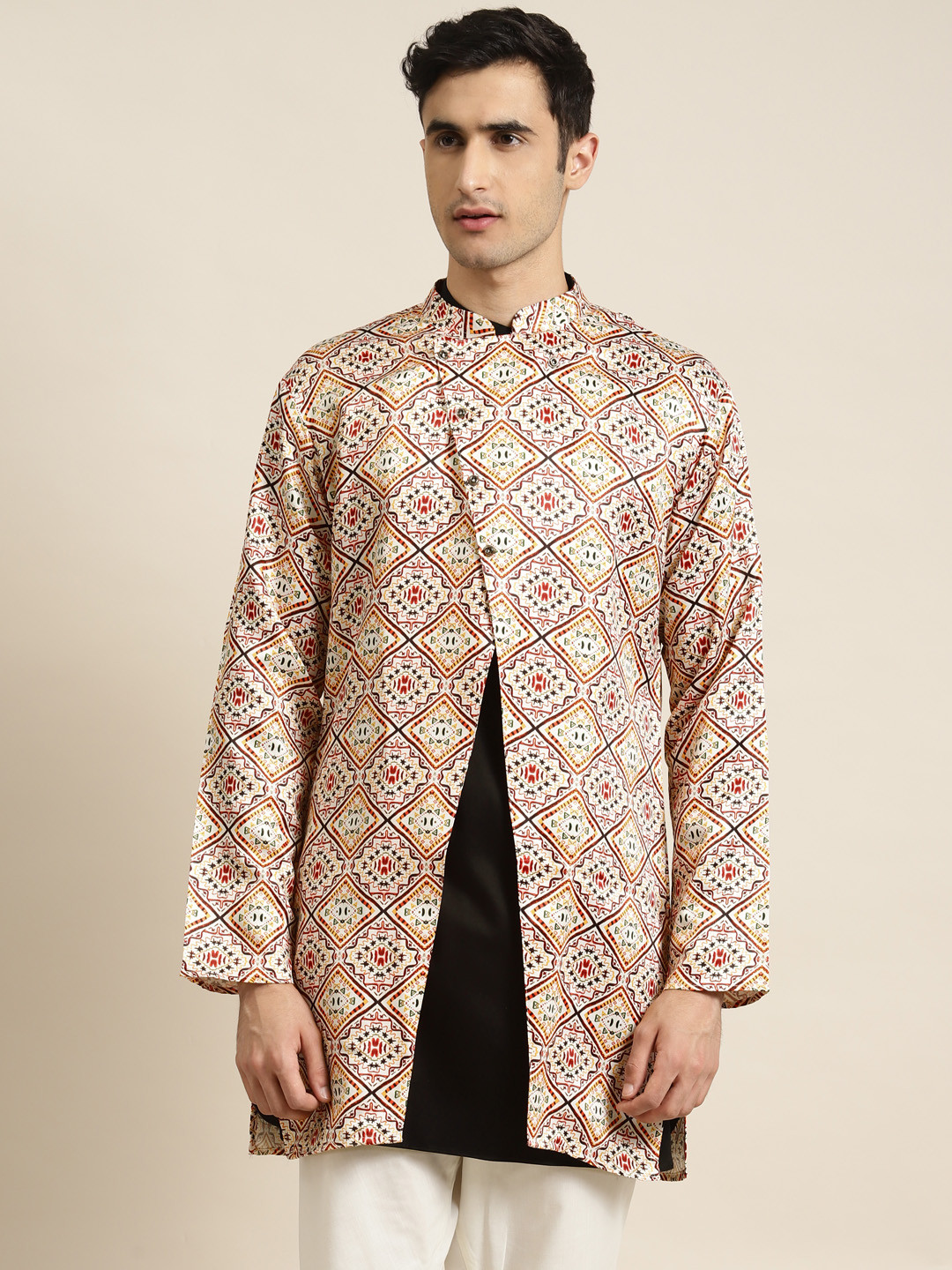 SOJANYA Men Off-White & Maroon Printed Asymmetric Closure Longline Ethnic Tailored Jacket