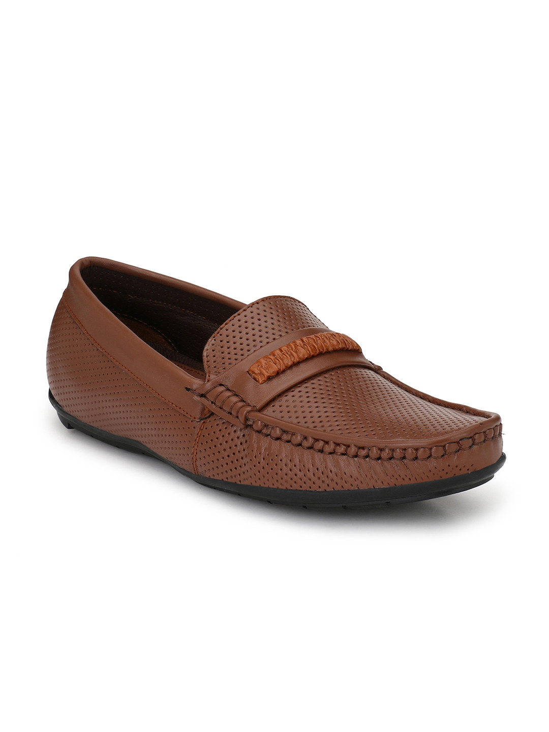 Hirels Men Brown Perforations Leather Loafers