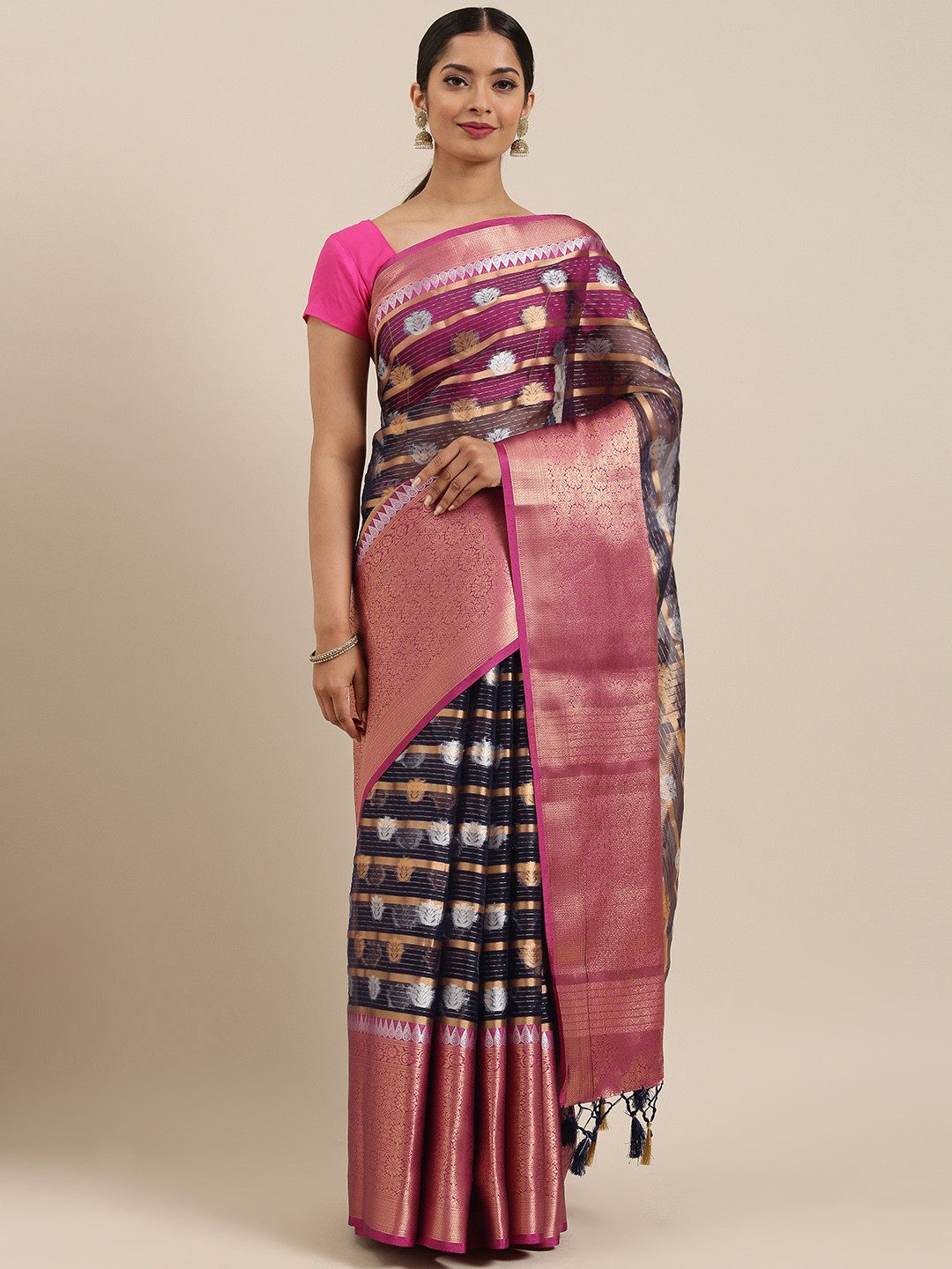 MIMOSA Navy Blue Organza Woven Design Banarasi Saree