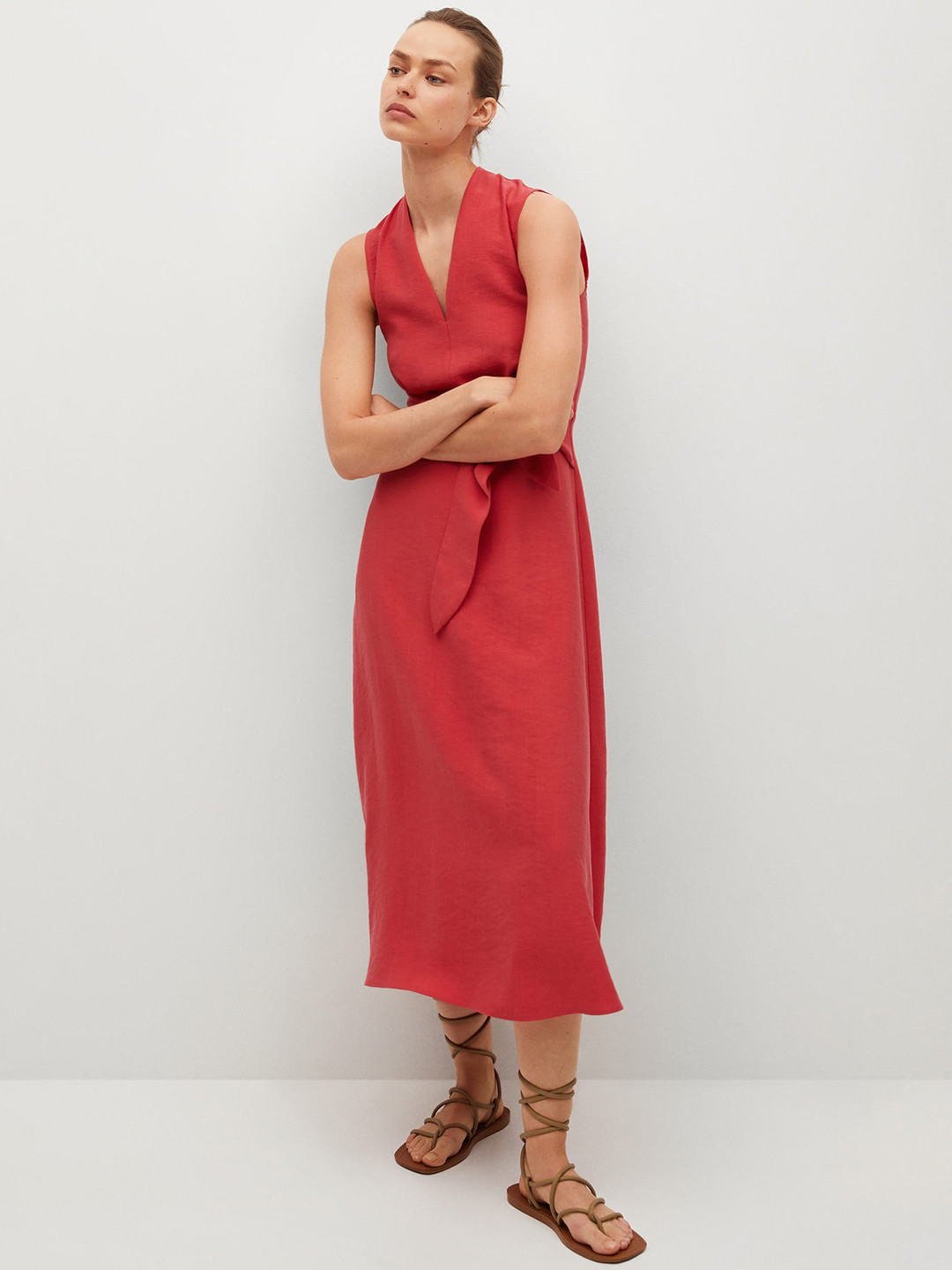 MANGO Red Solid A-Line Midi Dress