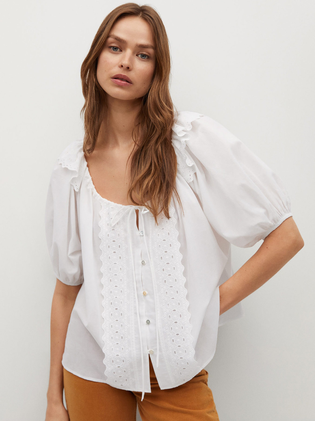 MANGO White Organic Cotton Tie-Up Neck Schiffli Embroidered Ruffled Top