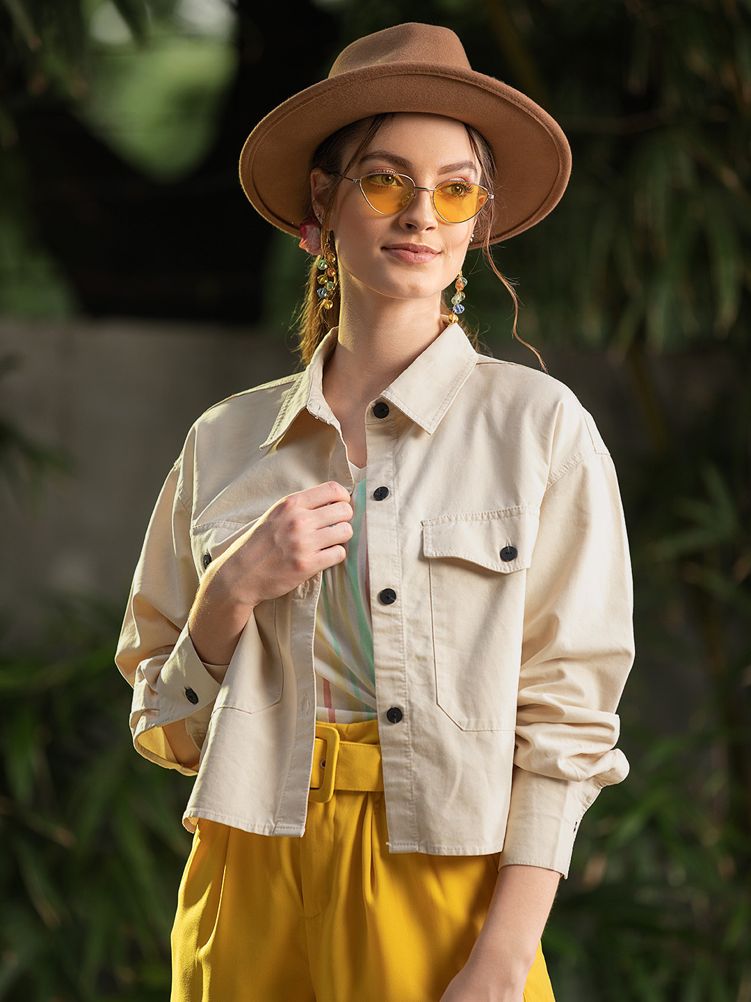 MANGO Women Beige Regular Fit Solid Cropped Casual Shacket