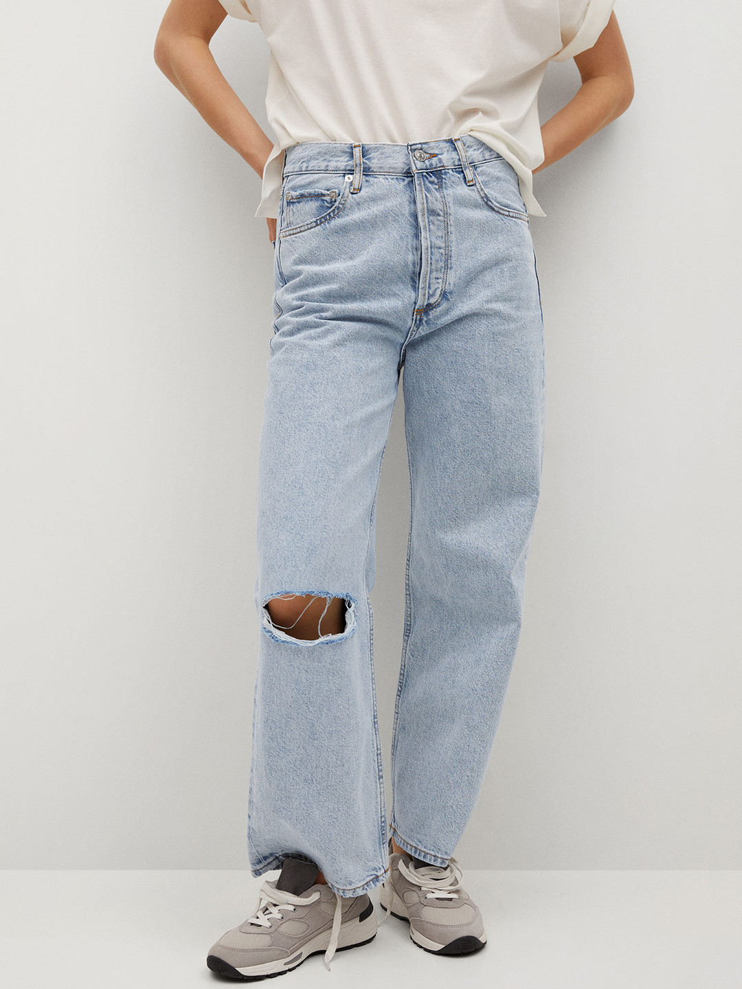 MANGO Women Blue Wide Leg High-Rise Slash Knee Jeans