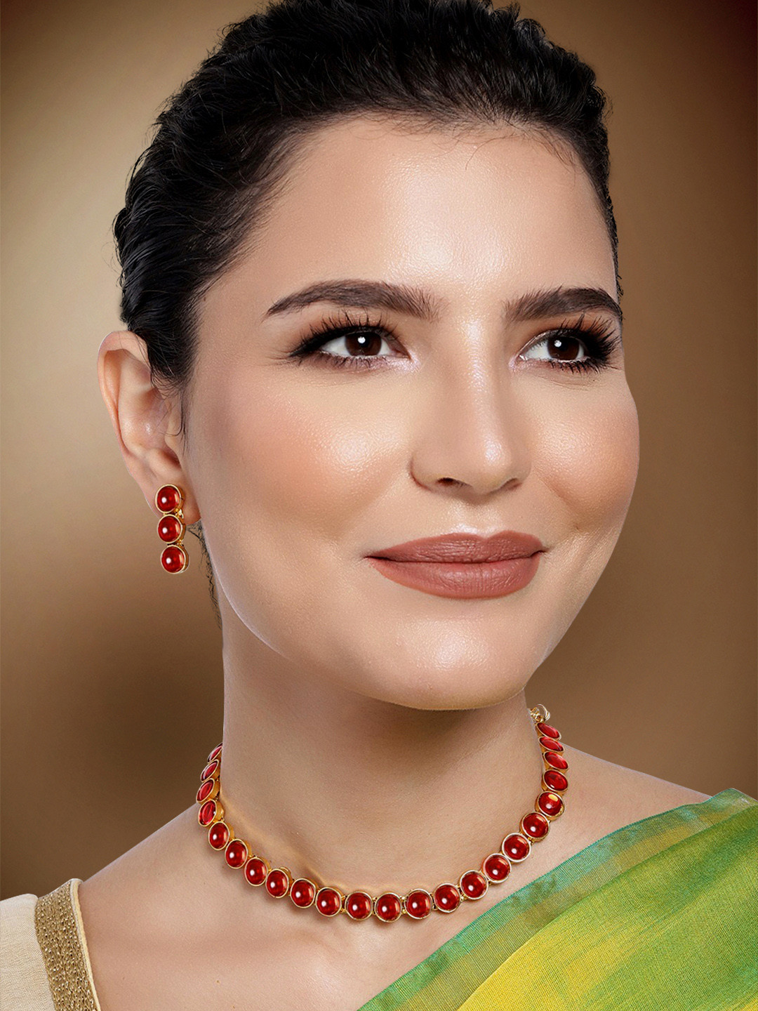 Peora Red & Gold Plated Choker Jewellery Set