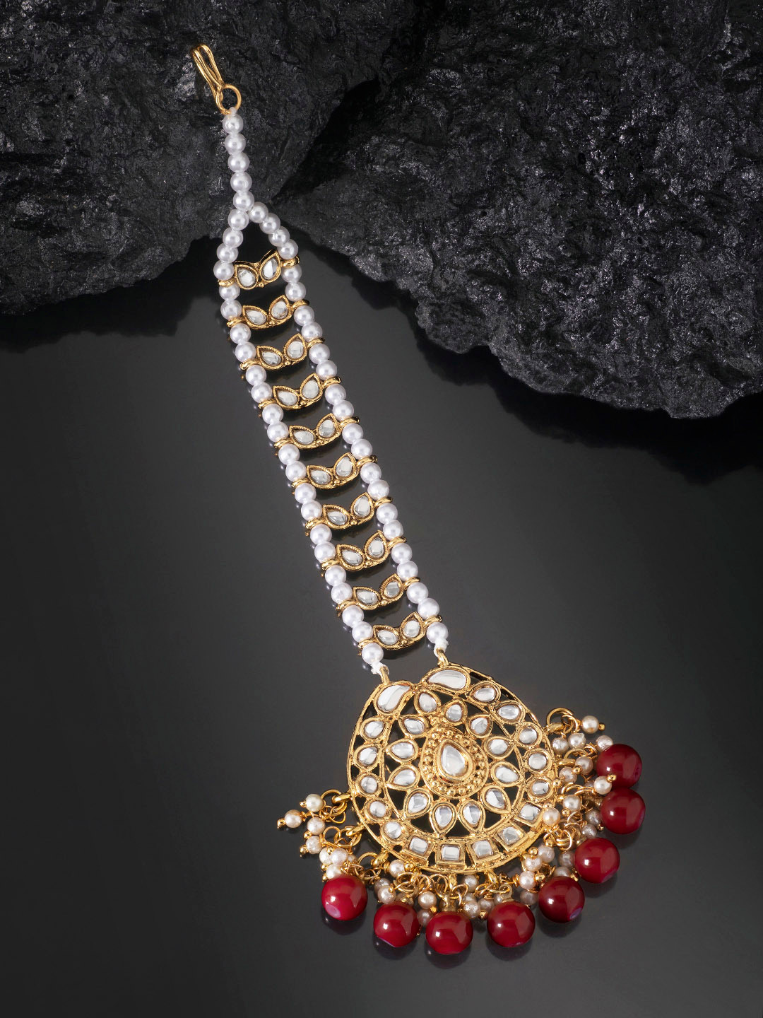 Peora Gold Plated Wedding Kundan Maroon Pearl Maang Tikka