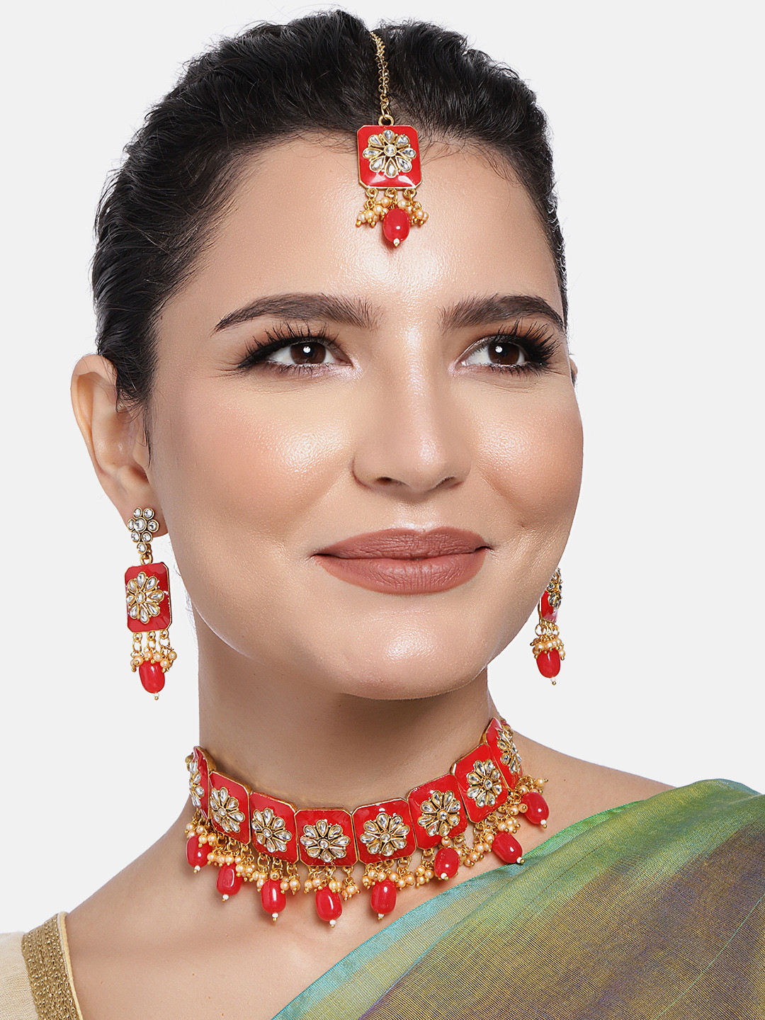 Peora Red Gold Plated Beaded Kundan Meenakari Jewellery Set